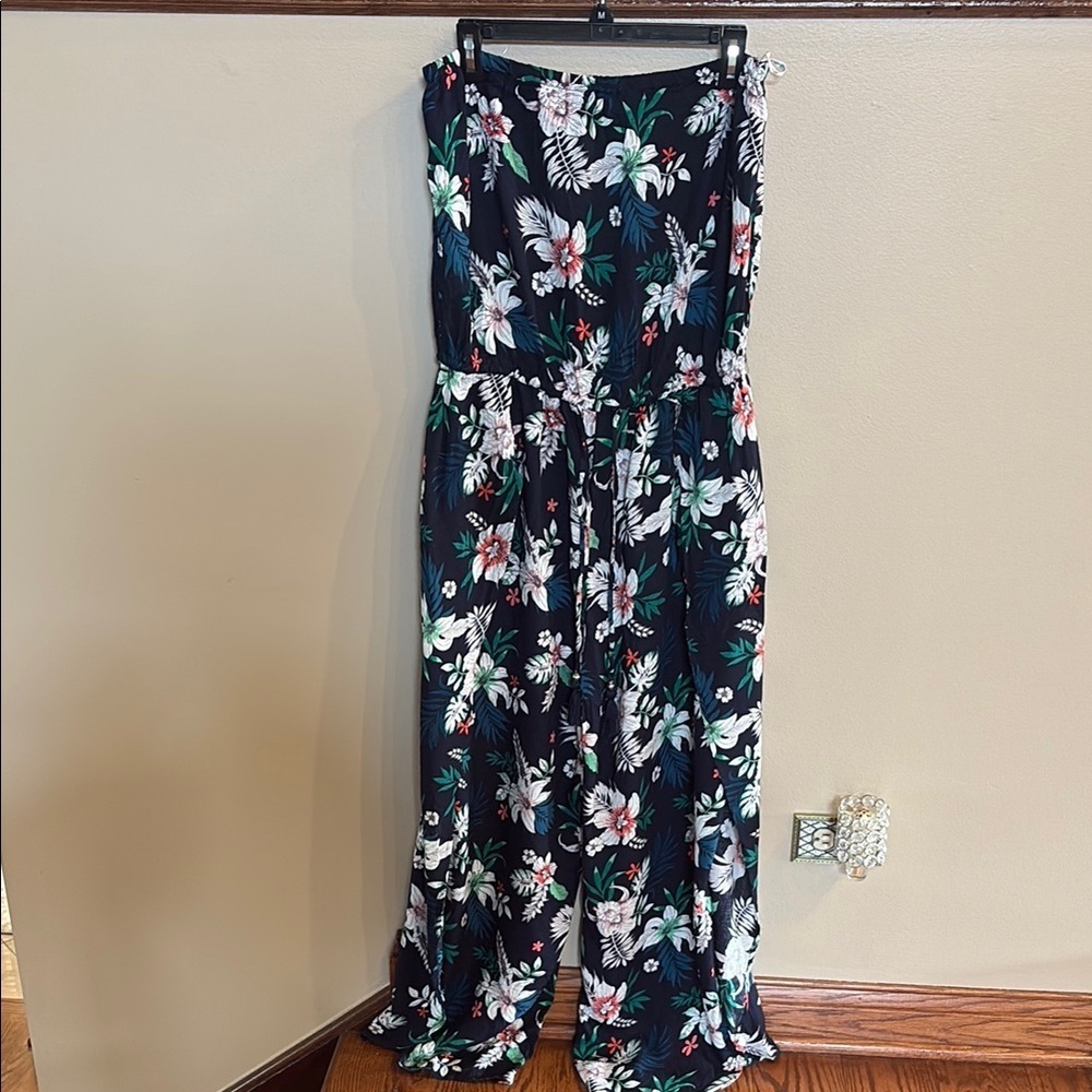 Women’s tropical strapless high slit wide leg jumpsuit rayon draw string waist L